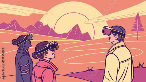 Watching Digital Sunset in Metaverse – Vector Concept of Virtual Reality Future 