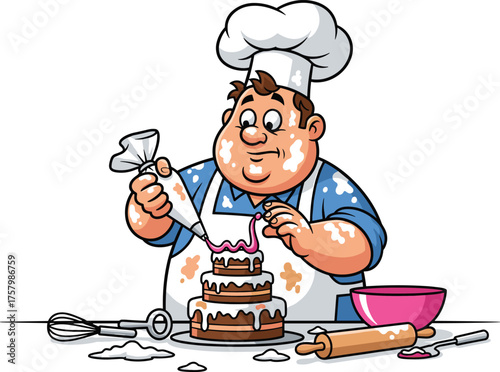 Funny cartoon baker decorating cake with icing, pastry chef illustration, bakery humor concept, dessert preparation vector, cooking cartoon character
