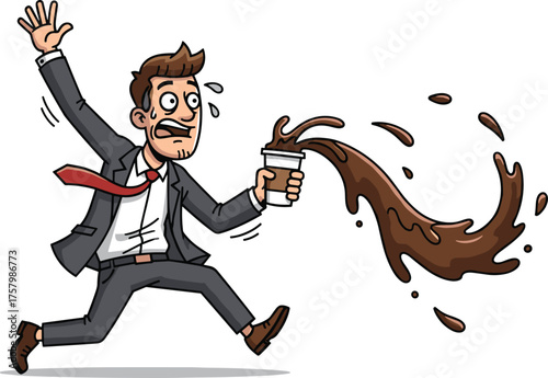 Funny cartoon businessman running with spilled coffee, surprised expression, morning rush, workplace humor, caffeine accident, stress illustration, vector art design