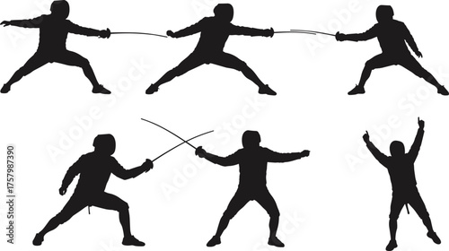 Fencing silhouettes vector showing duel, combat stances, sword fighting, sports training, competition, victory celebration, martial arts, athletic action illustration