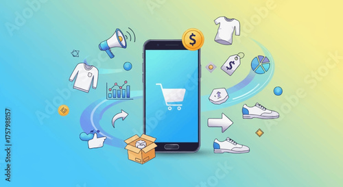 Online Shopping And E-commerce Concept With Mobile Phone And Shopping Items