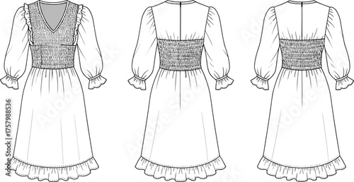 Smocked long sleeve midi dress flat sketch with ruffle hem, V-neckline, and gathered details, fashion CAD vector illustration