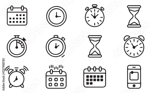 Collection of twelve diverse timekeeping and scheduling icons including calendars alarms stopwatches and hourglasses perfect for digital interfaces