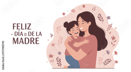 Mother and Child Hugging Celebrating Mother Day with Floral Background in Soft Pastel Colors