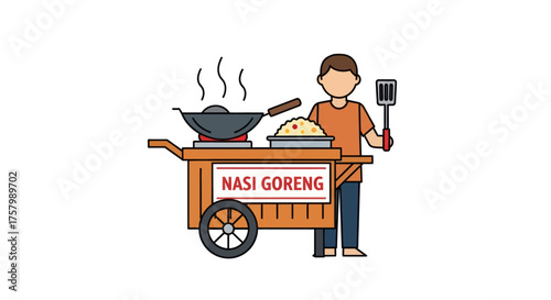 Cartoon street food vendor preparing Nasi Goreng on a mobile cart.