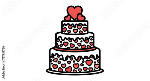 Three-Tiered Heart-Decorated Celebration Cake with Red Topping.