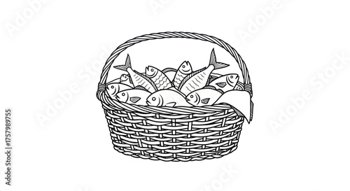 Hand-drawn illustration of a woven basket filled with fresh fish.
