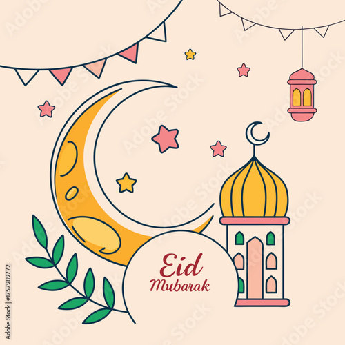 Eid Mubarak Celebration: Vibrant Illustration of crescent moon, stars and mosque, conveying the joy and blessings of this special occasion.