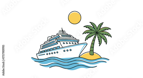 Hand-drawn illustration of a cruise ship sailing by a tropical island with a palm tree and sun.