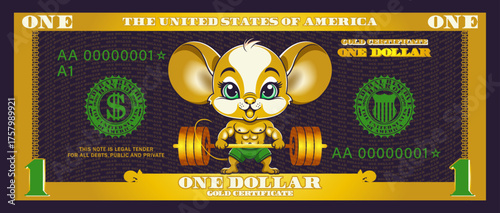 Vector obverse of cartoon US banknote. Gold certificate, denominated in 1 american dollar. Toon powerful, muscular mousy and barbell. Game golden money. One. Mouse. Bodybuilding and sport