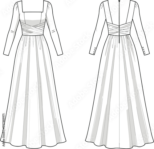 Elegant long sleeve maxi dress flat sketch with square neckline, draped waist detail, pleated skirt, vector fashion technical illustration