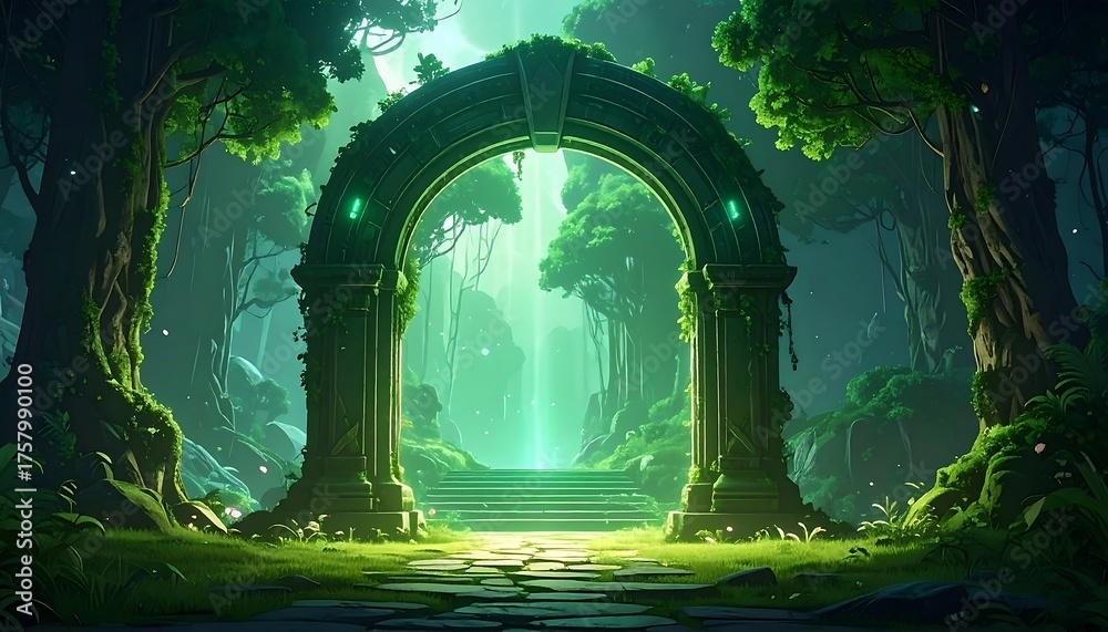 Obraz premium Mystical forest scene; archway with steps leading to ethereal light