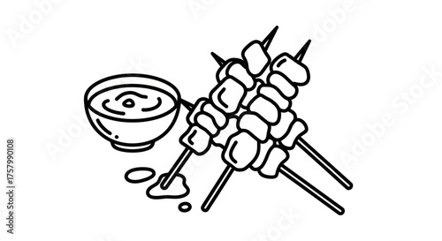 Skewered Meat with Dipping Sauce Illustration.