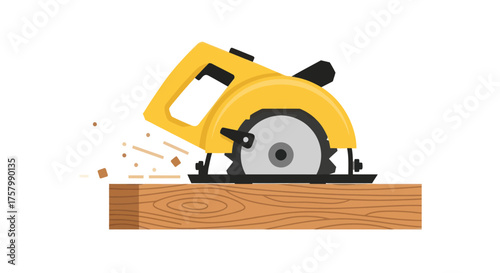 Yellow Circular Saw Cutting Through Wooden Plank.