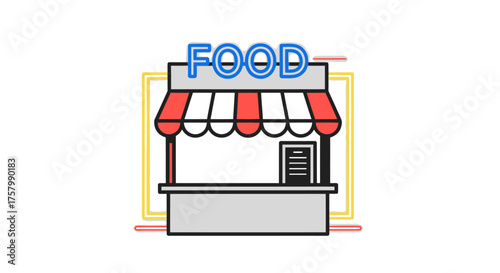 Colorful Food Stall with Neon Sign and Striped Awning.