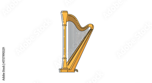 Elegant Golden Harp with Silver Strings Musical Instrument.