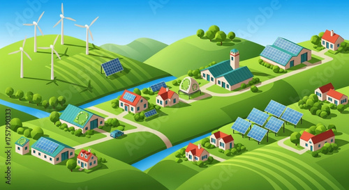 A clean landscape with wind turbines, solar panels, and houses using renewable energy sources for a sustainable community.