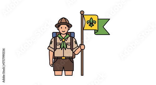 Cartoon Scout Holding a Flag with Emblem.