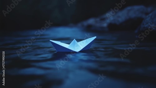 Paper Boat Floating on Dark Water: A Symbol of Dreams and Imagination