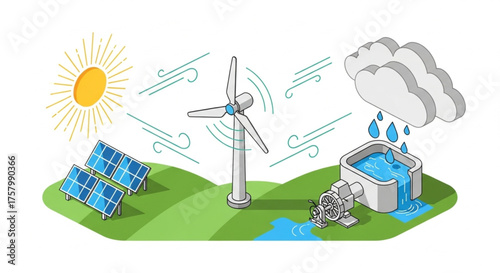 Vector showing solar panels and wind turbines under the sun, illustrating renewable energy generation and sustainable power systems.