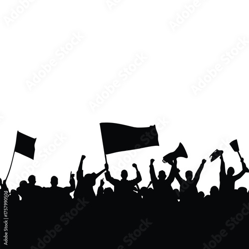 black and white silhouette illustration of a crowd of demonstrators in vector style