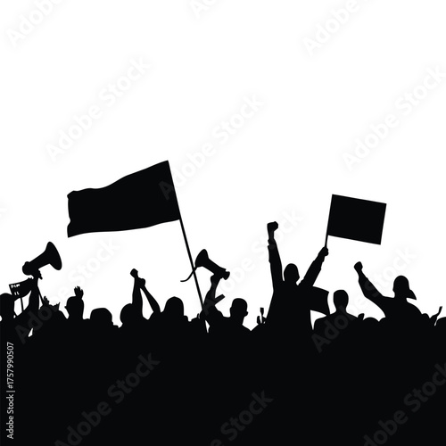 black and white silhouette illustration of a crowd of demonstrators in vector style
