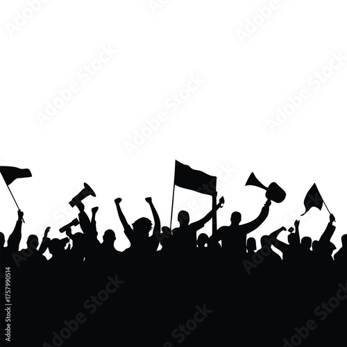 black and white silhouette illustration of a crowd of demonstrators in vector style