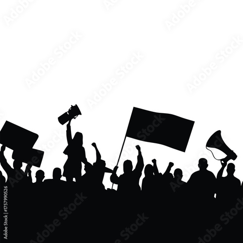 black and white silhouette illustration of a crowd of demonstrators in vector style