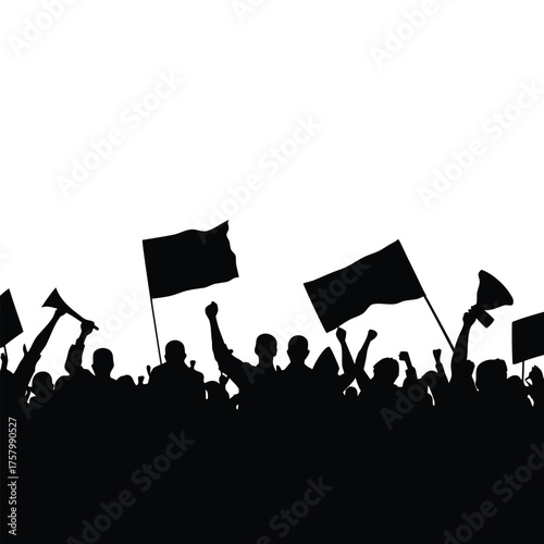 black and white silhouette illustration of a crowd of demonstrators in vector style