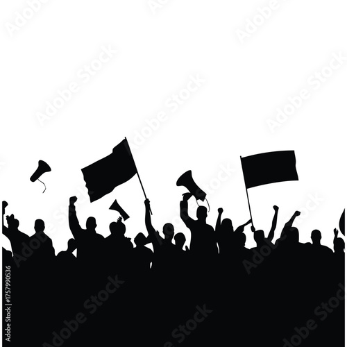 black and white silhouette illustration of a crowd of demonstrators in vector style