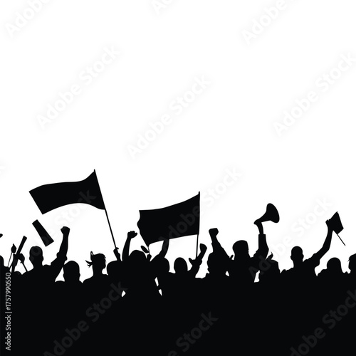 black and white silhouette illustration of a crowd of demonstrators in vector style