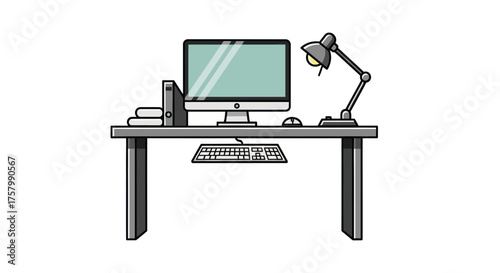 Computer workstation with monitor keyboard lamp and books on a desk.
