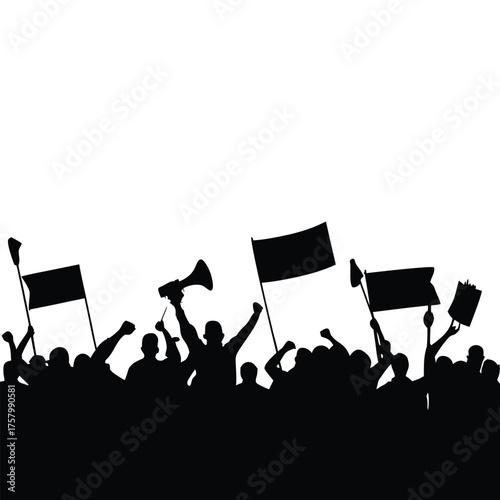 black and white silhouette illustration of a crowd of demonstrators in vector style
