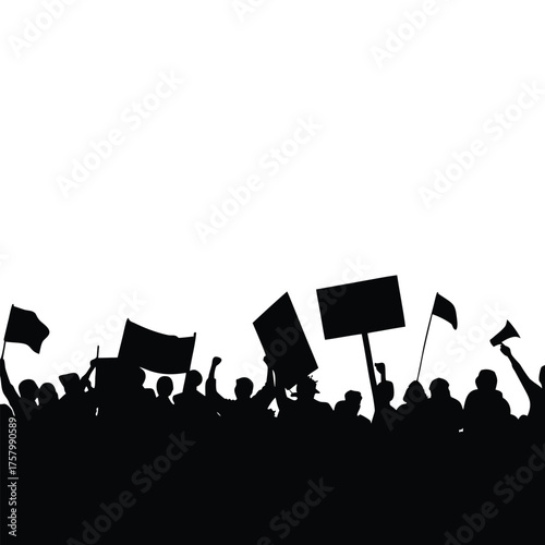 black and white silhouette illustration of a crowd of demonstrators in vector style