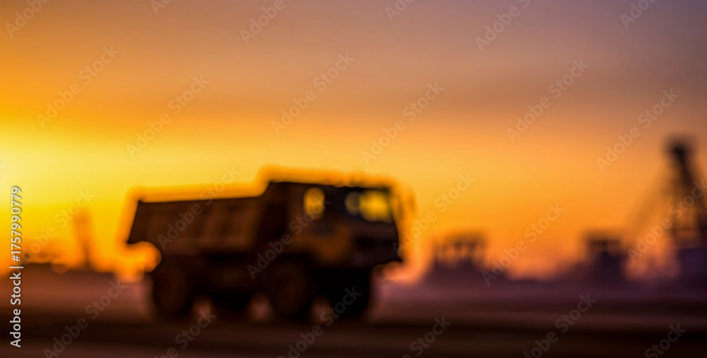 Fototapeta premium Blurred heavy truck silhouette against a glowing orange sunset sky, evoking motion and strength as it drives across a dusty industrial landscape during golden hour.