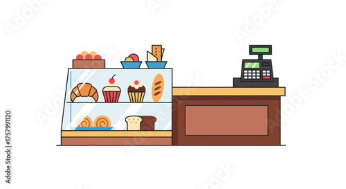 Bakery shop counter with display case full of fresh pastries and a cash register.