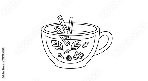 Line Art Illustration of Herbal Tea with Spices.