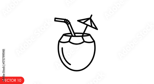 Refreshing Coconut Drink Line Art with Straw and Tiny Umbrella Icon.
