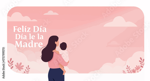 Mother Holding Child Celebrating Mother's Day with Pink Sky and Floral Elements