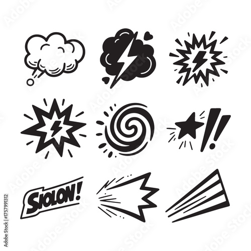 Silhouette Comic Style Vector Elements of Explosions, Smoke, Lightning, and Action Effects.