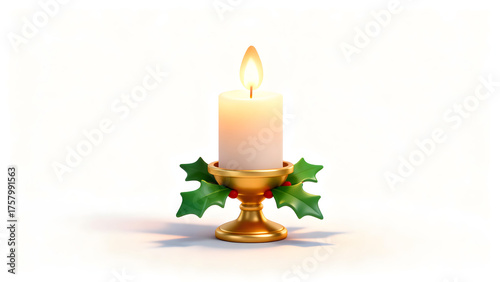 3D Cartoon Christmas Candle with Holly Leaves Isolated on White Background