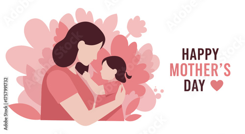 Mother and Child Holding Hands in Pink Floral Illustration for Mother's Day