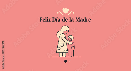 Mother and Child Illustration for Mothers Day Greeting Card with Soft Pink Background