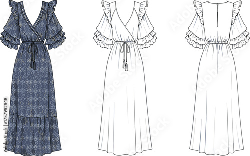 Elegant ruffle sleeve wrap maxi dress fashion flat sketch, detailed CAD vector illustration for apparel design, front and back views