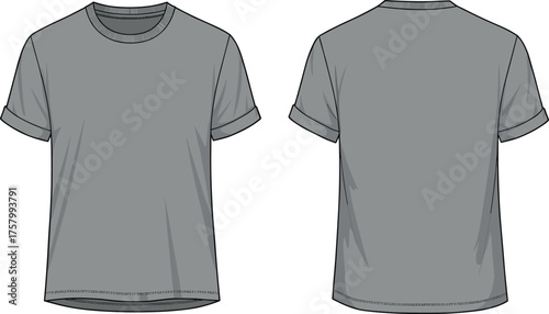 Men short sleeve round neck t-shirt flat vector illustration, casual rolled sleeve basic tee front and back fashion template