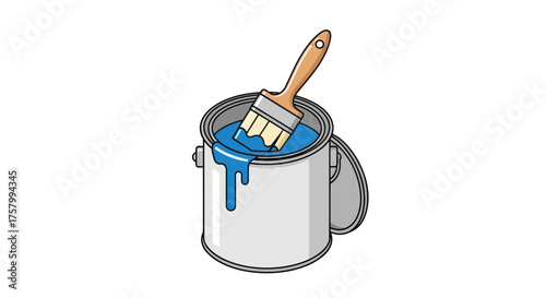 Cartoon Illustration of Paint Can with Brush Dipping in Blue Paint.