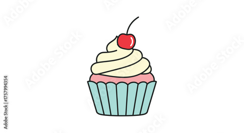 Cartoon Cupcake with Swirled Frosting and Cherry Topping.