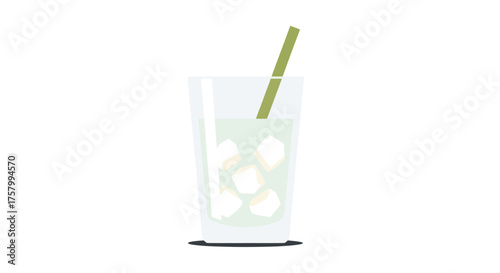 Refreshing Iced Drink in Tall Glass with Green Straw.