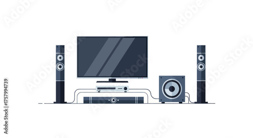 Modern Home Theater System with Flat Screen TV and Speakers.