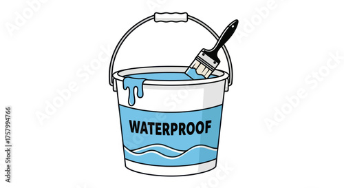 White Bucket with Blue Waterproof Liquid and Paintbrush.